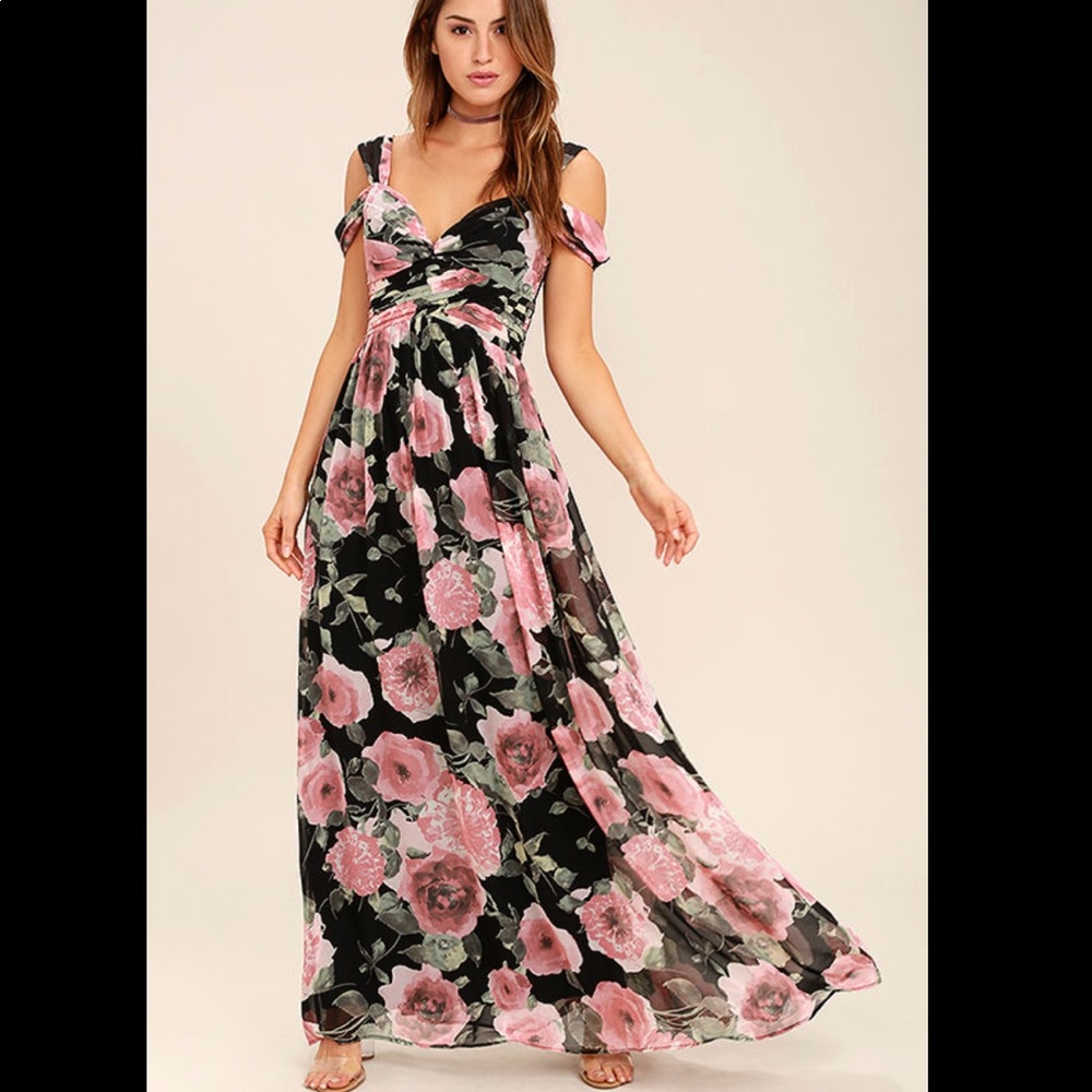NWT - Lulus  black and pink floral maxi dress